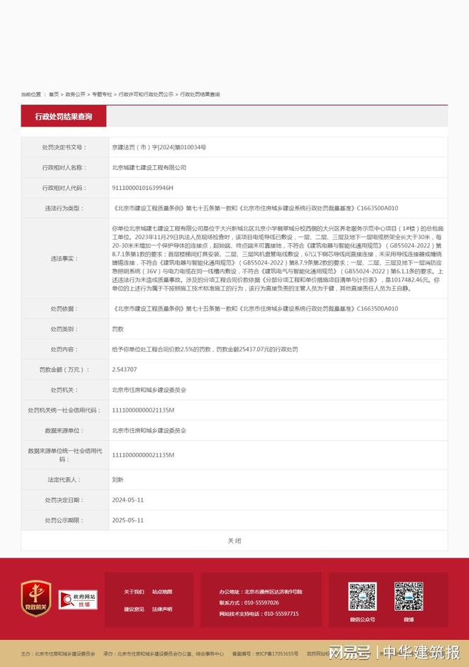 北京城建七建设工程有限公司因不按照施工技术标准施工被罚25万余元(图1)